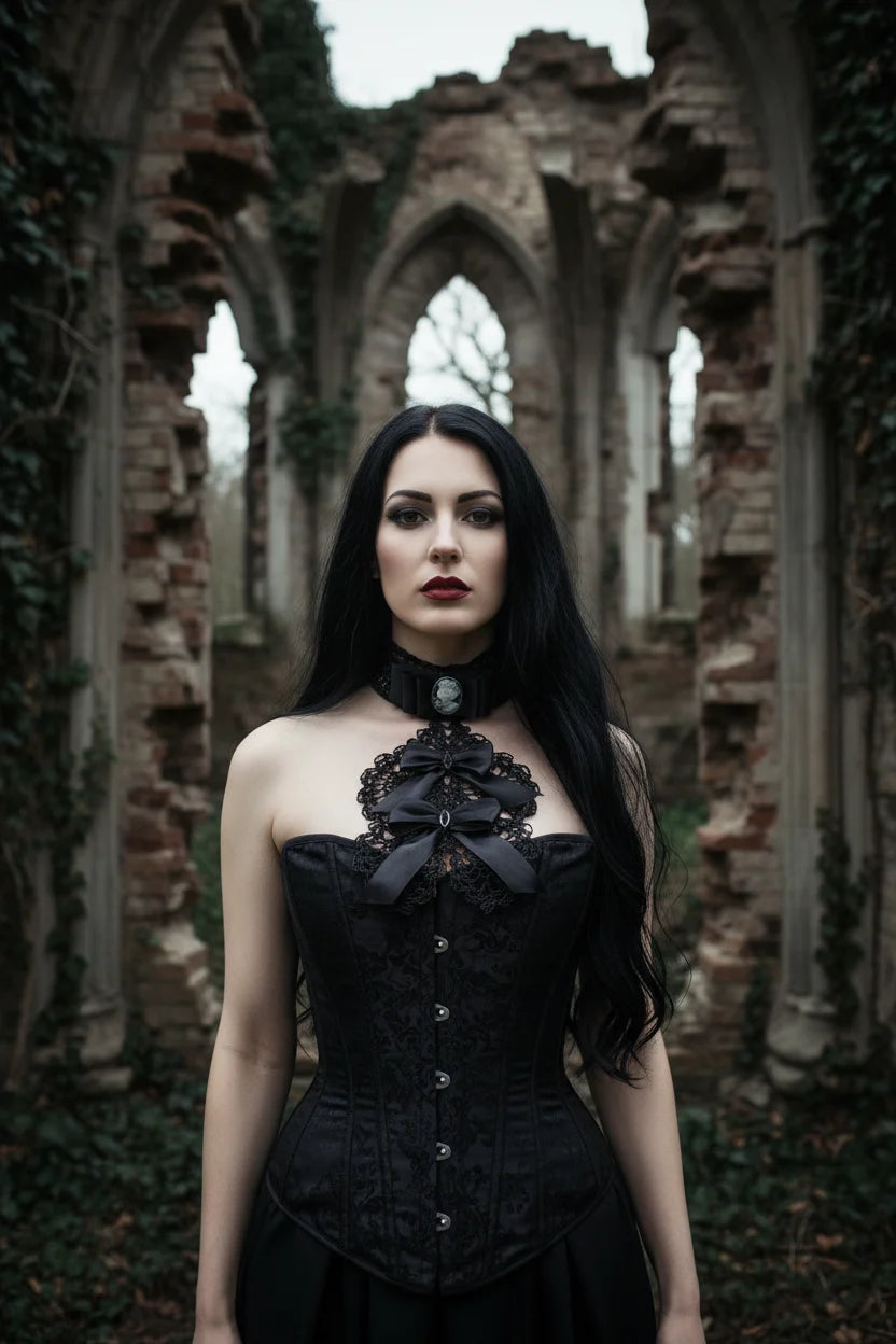 Handmade black crochet jabot with black satin bows and grey cameo brooch on black velvet choker, worn with black corset, full portrait in gothic stone ruins with ivy arches - Victorian Velvet