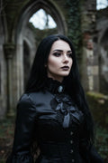 Handmade black crochet jabot with black satin bows and grey cameo brooch on black velvet choker, worn over black Victorian high neck blouse, portrait in gothic stone ruins - Victorian Velvet