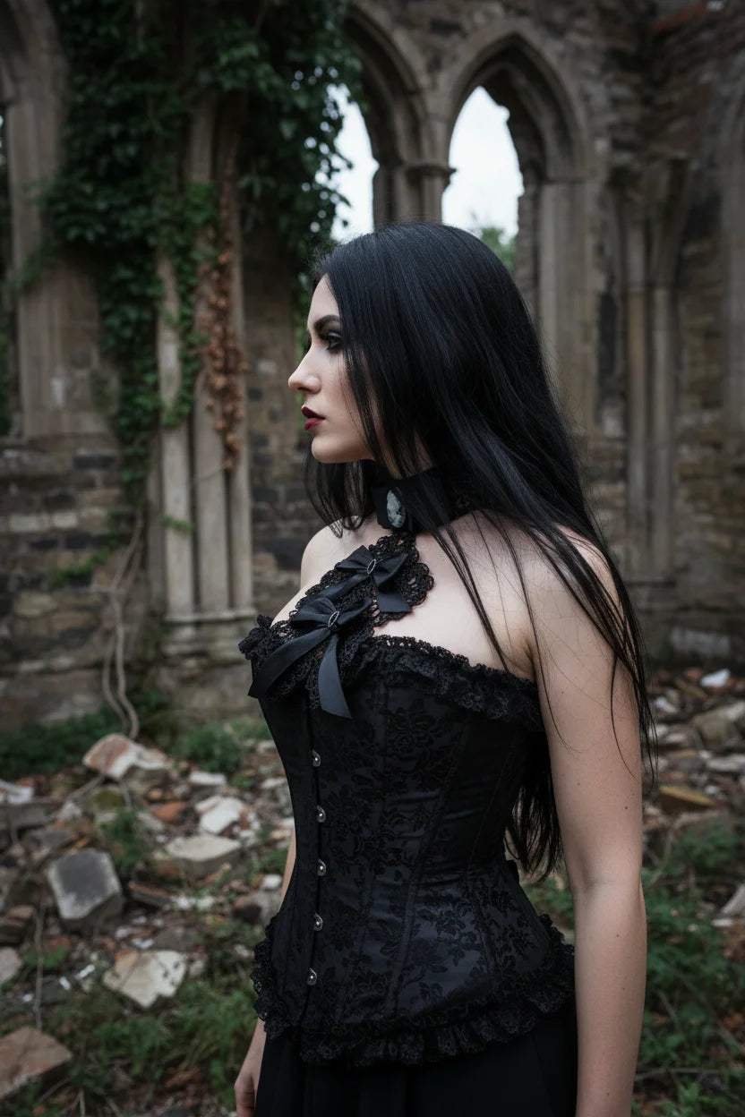 Handmade black crochet jabot with grey cameo brooch on black velvet choker, worn with black corset, side view portrait in gothic stone ruins with ivy - Victorian Velvet