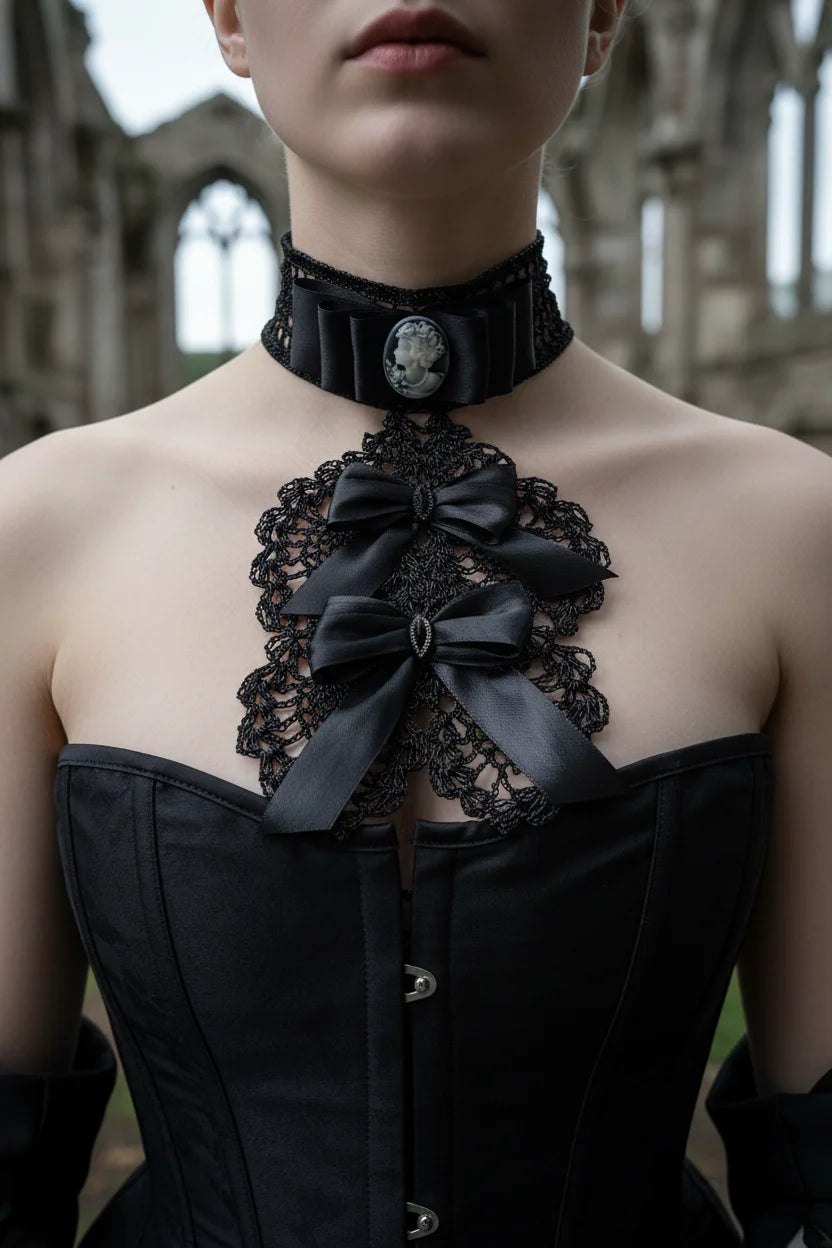 Handmade black crochet jabot with black satin bows and grey cameo brooch on black velvet choker, close-up detail shot, gothic stone ruins background - Victorian Velvet