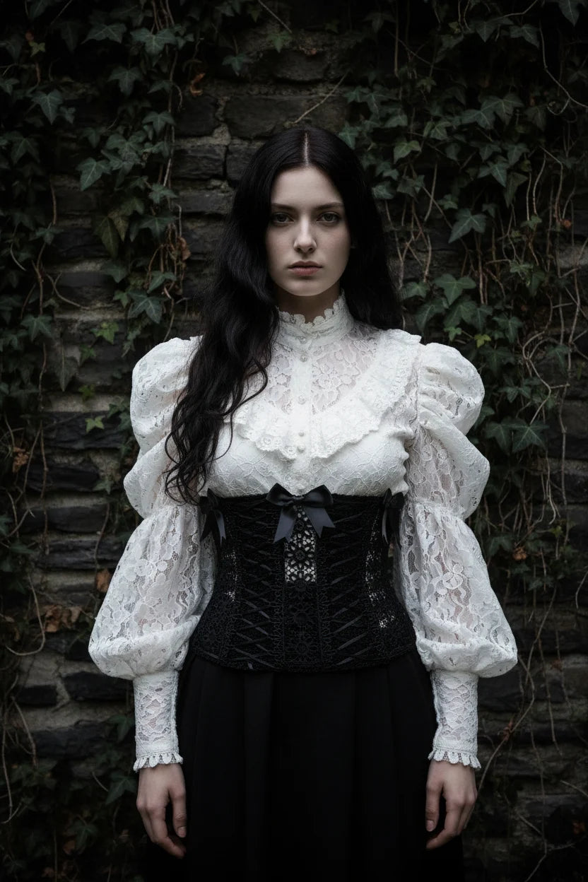 Black handmade crochet corset belt with guipure lace center panel and satin ribbon lacing, worn over a white Victorian blouse, gothic fashion editorial, dark ivy-covered stone wall background - Victorian Velvet