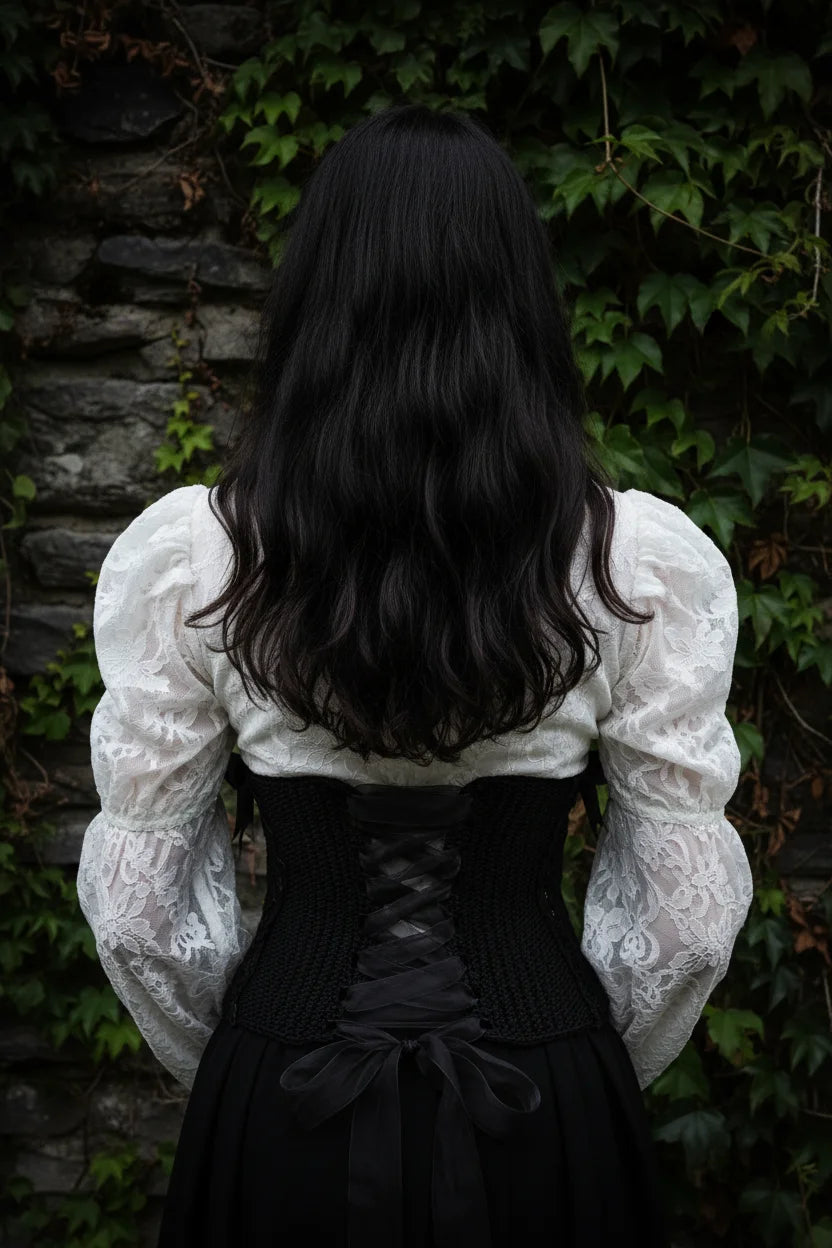 Back view of black handmade crochet corset belt with organza ribbon lacing and bow, worn over a white Victorian blouse, gothic fashion editorial, dark ivy-covered stone wall background - Victorian Velvet