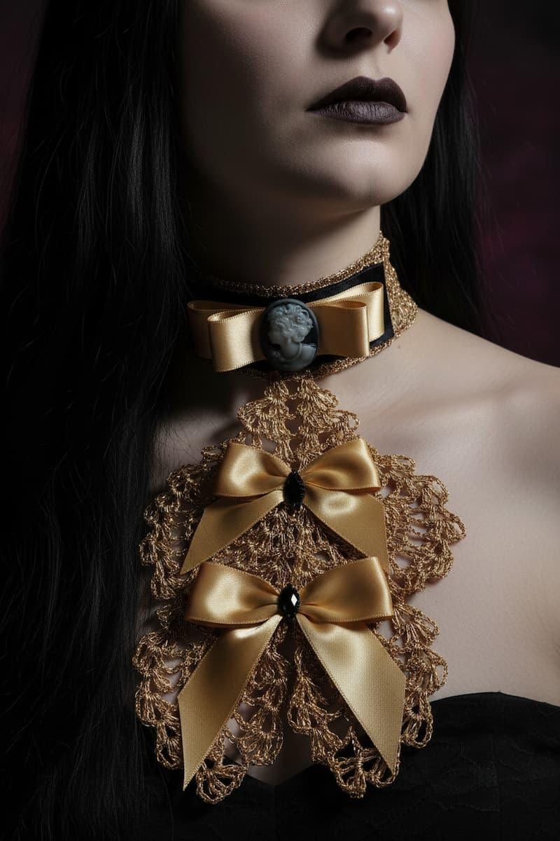 Royal Jabot with Cameo - Gold Crochet Lace | Victorian Velvet