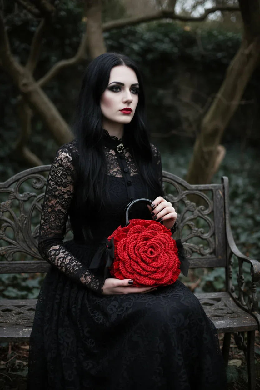 Red Rose Crochet Handbag - Gothic Romance - Victorian Velvet