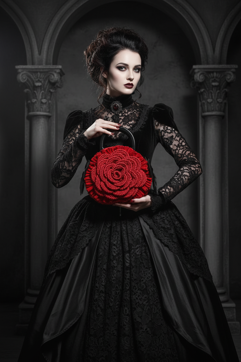 Red Rose Crochet Handbag - Gothic Romance