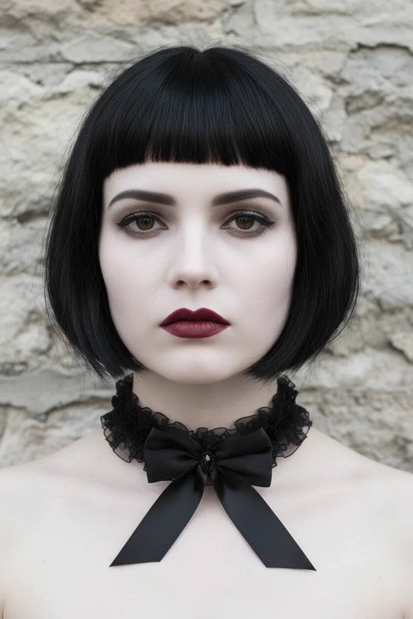 Front view close-up of a pale gothic woman with short dark black bob hair with fringe wearing a black gothic choker necklace made of layered black organza and black lace ruffles with a large black satin ribbon bow with long flowing ribbon tails at center front, grey stone wall background - Victorian Velvet