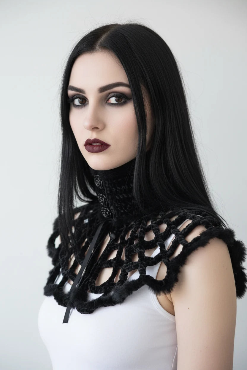 Gothic Spider Web Velour Collar – pale gothic model three-quarter side view, black velour crochet web collar with satin ribbon over white dress, dark makeup, white background - Victorian Velvet