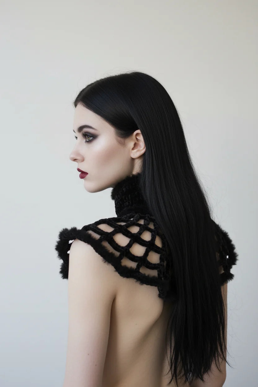Gothic Spider Web Velour Collar – pale gothic model side profile with dark red lips, black velour web collar over bare shoulders, long dark hair, white background - Victorian Velvet