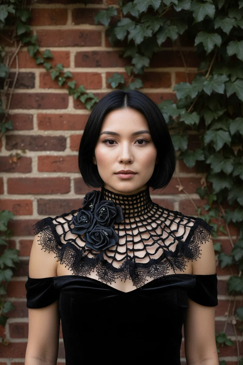 Young woman with short dark black bob hair wearing a black crochet spider web collar with grid mesh turtleneck and four large black satin roses with silver spider brooches, wide black lace ruffle trim, worn over a black long sleeve dress, grey stone wall background - Victorian Velvet