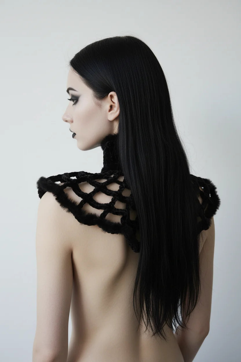 Gothic Spider Web Velour Collar – pale gothic model side profile, back view showing black crochet web collar draped over bare shoulders, long straight dark hair, white background - Victorian Velvet