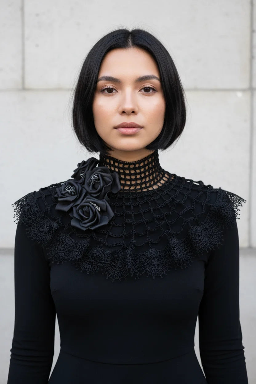 Young woman with short dark black bob hair wearing a black crochet spider web collar with grid mesh turtleneck and four large black satin roses with silver spider brooches, wide black lace ruffle trim, worn over a black long sleeve dress, grey stone wall background - Victorian Velevt