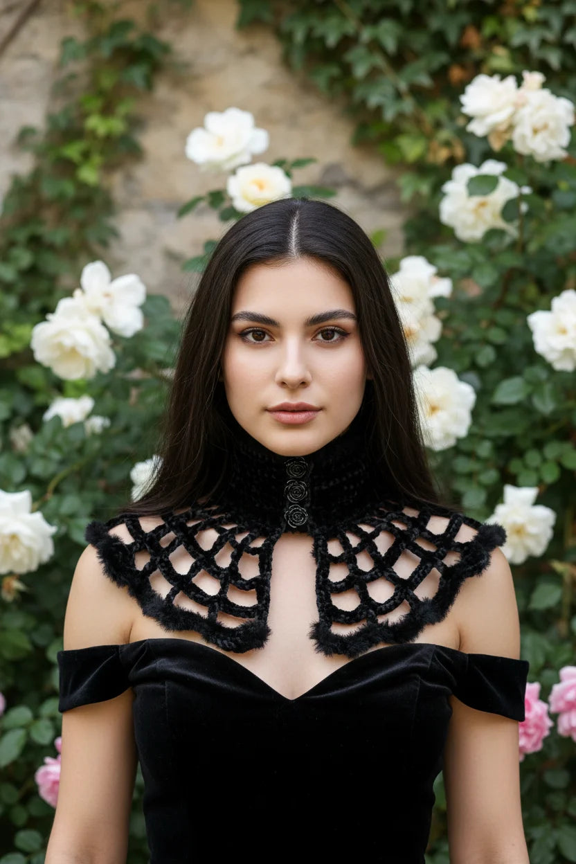 Black fluffy velvet spiderweb crochet collar with three rose buttons, worn by a dark-haired woman in a black off-shoulder velvet dress, white rose garden background - Victorian Velvet
