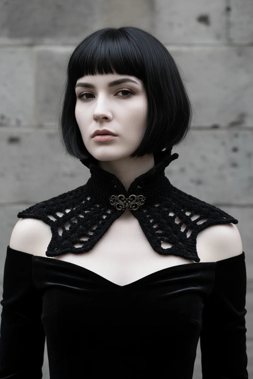 Pale gothic woman with short dark black bob hair with fringe wearing a short black velour crochet collar capelet with pointed crown spikes at the turtleneck and ornate antique bronze baroque filigree brooch clasp at center front, wide bat wing crochet panels with open diagonal mesh pattern, worn over a black off-shoulder velvet dress, grey stone wall background - Victorian Velvet