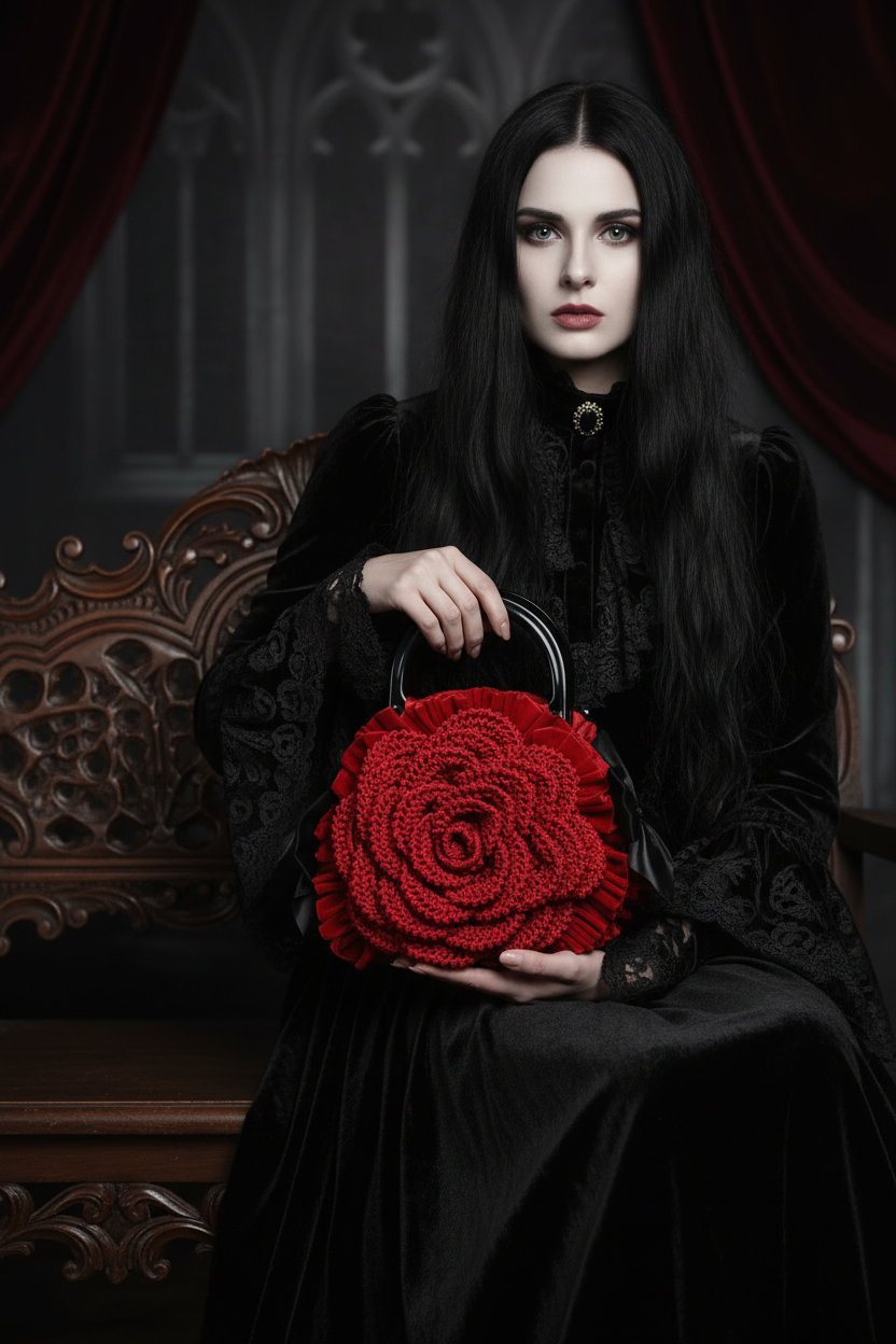 Red Rose Crochet Handbag - Gothic Romance