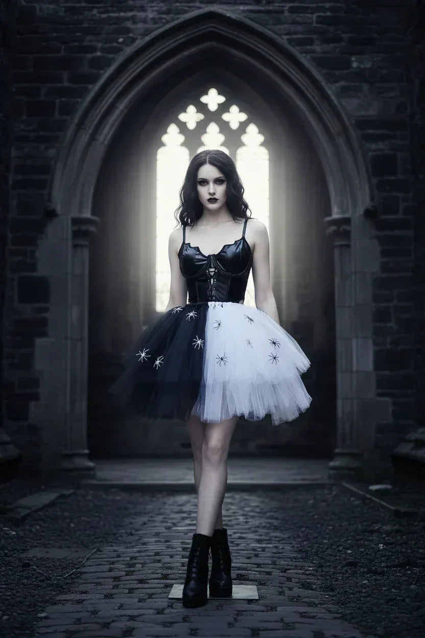 Gothic Two-Tone Tulle Skirt with Spiders - Victorian Velvet