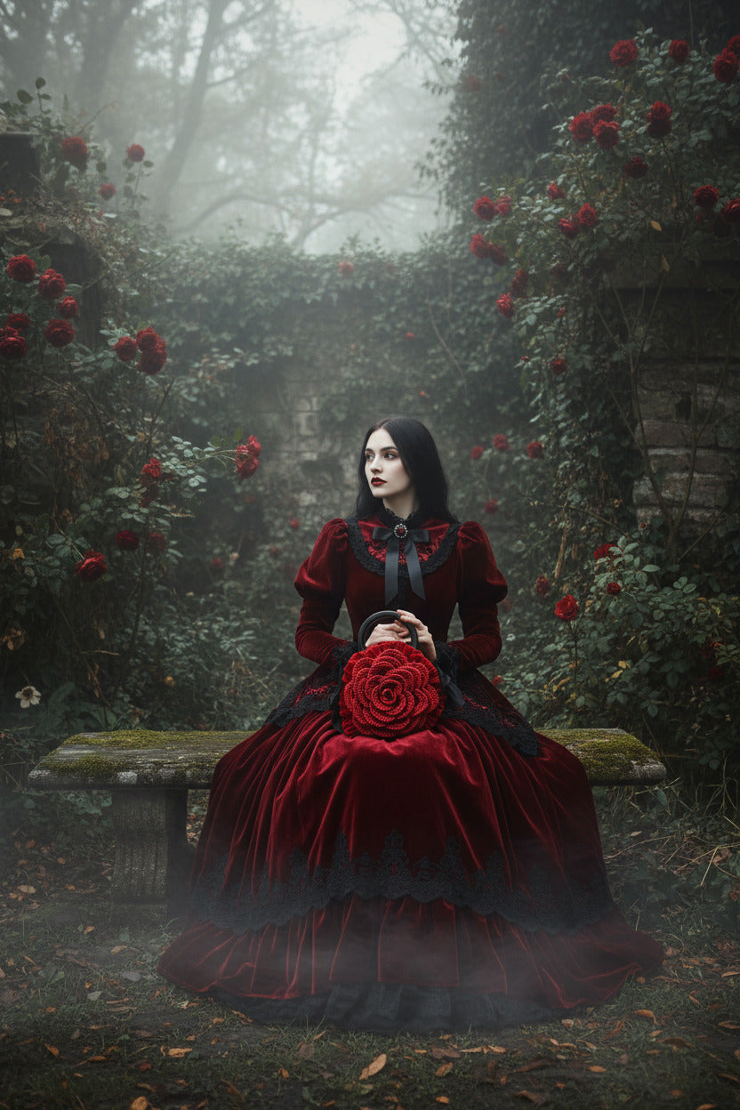 Gothic woman in deep red Victorian gown sitting on a stone bench in a misty rose garden, holding a handmade red crochet rose handbag by Victorian Velvet