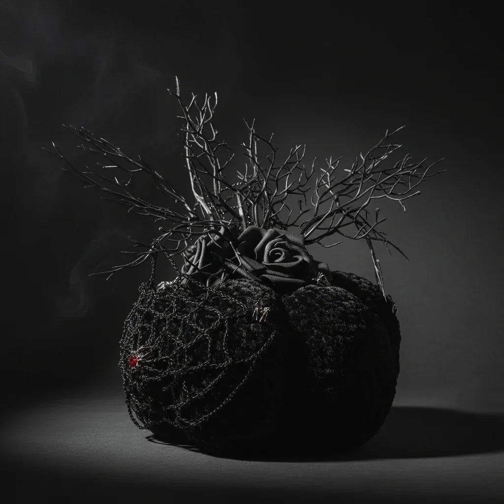 Gothic Velour Pumpkin with Spider Web and Black Rose - Victorian Velvet