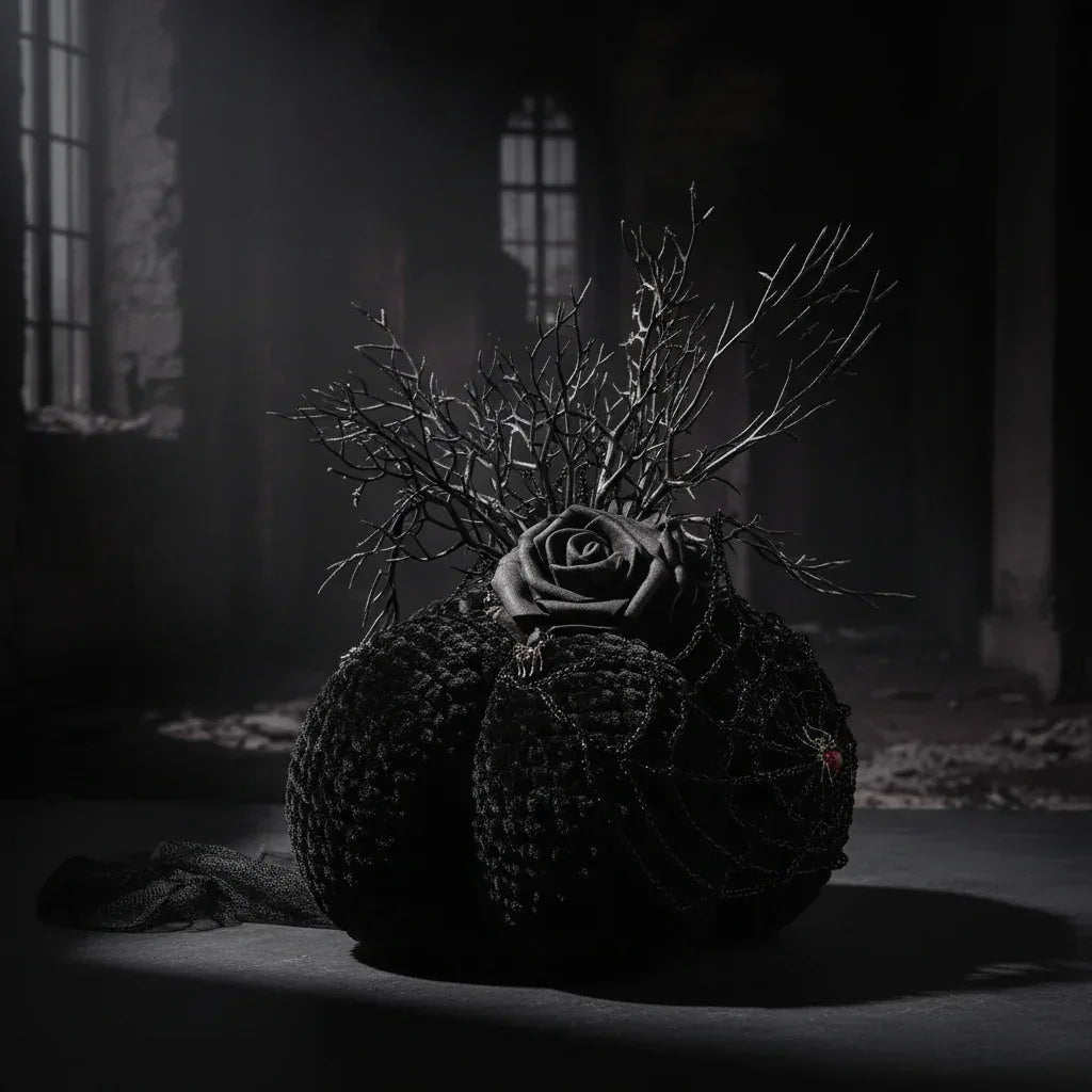 Gothic Velour Pumpkin with Spider Web and Black Rose - Victorian Velvet