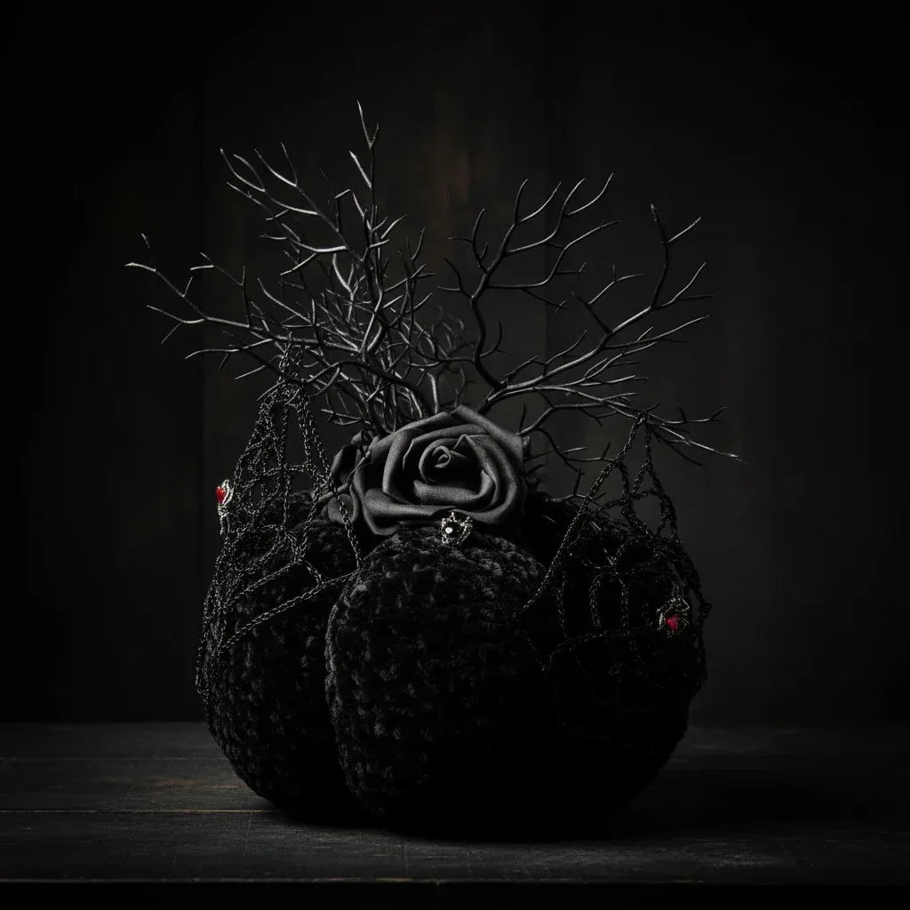 Gothic Velour Pumpkin with Spider Web and Black Rose - Victorian Velvet