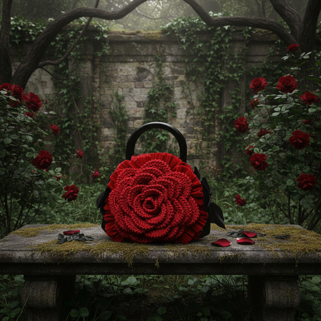 Handmade red crochet rose handbag with black handles and black leaf details, displayed on a mossy stone bench surrounded by red roses and ivy in a gothic garden - Victorian Velvet
