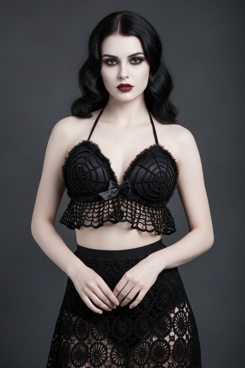 Gothic Top with Fur Cups and Crochet Ruffle