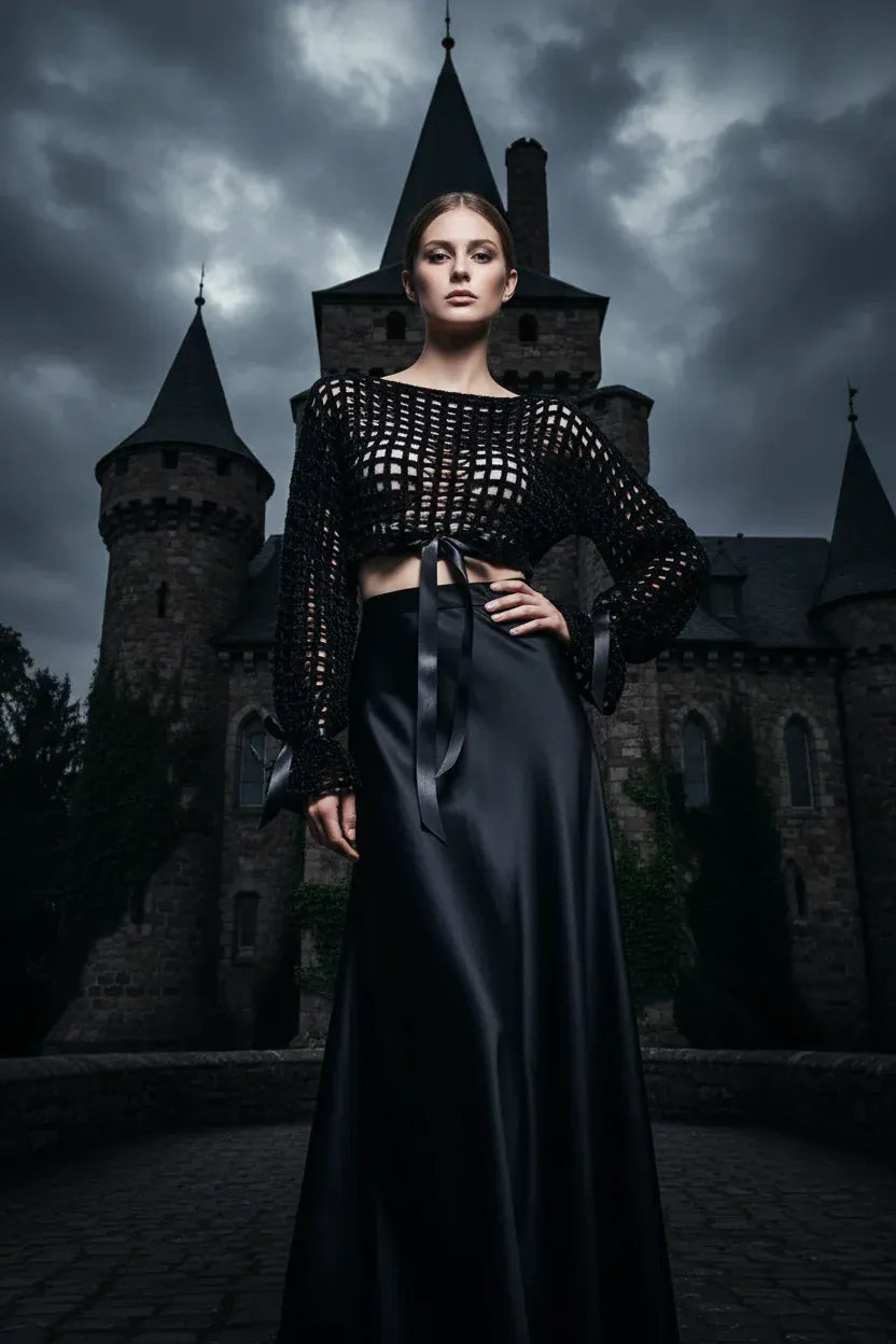 Elegant woman in black velvet crochet mesh sweater with satin ribbon bows standing confidently in front of a gothic castle with dramatic stormy sky - Victorian Velvet
