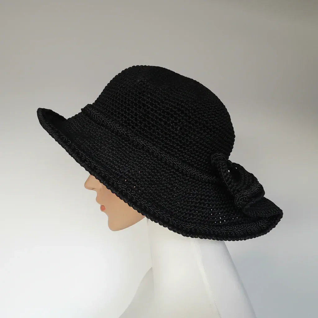 Elegant Gothic Hat with Bow - Black Crochet - Victorian Velvet