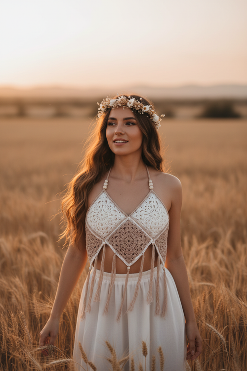 Beige and white granny square crochet halter top with fringe - boho festival model wearing 100% cotton handmade top