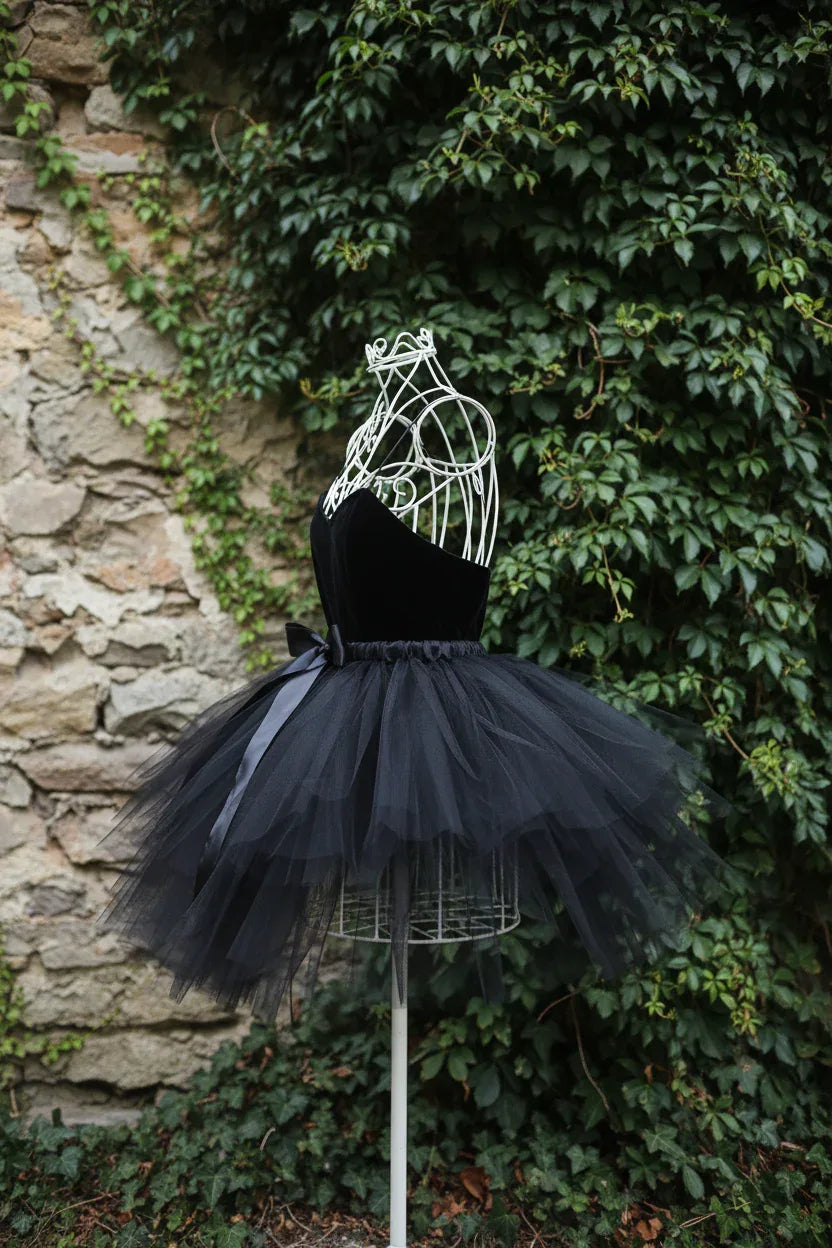 Black Tulle Ballerina Skirt with Satin Bow - Victorian Velvet