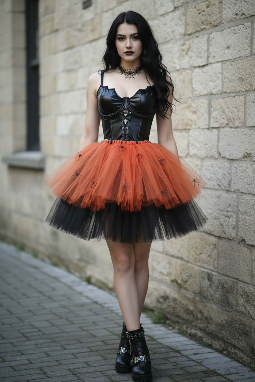 Gothic Halloween tulle skirt in orange and black with spider decorations, front view, model walking, worn with black corset top, gothic fashion editorial, Victorian Velvet