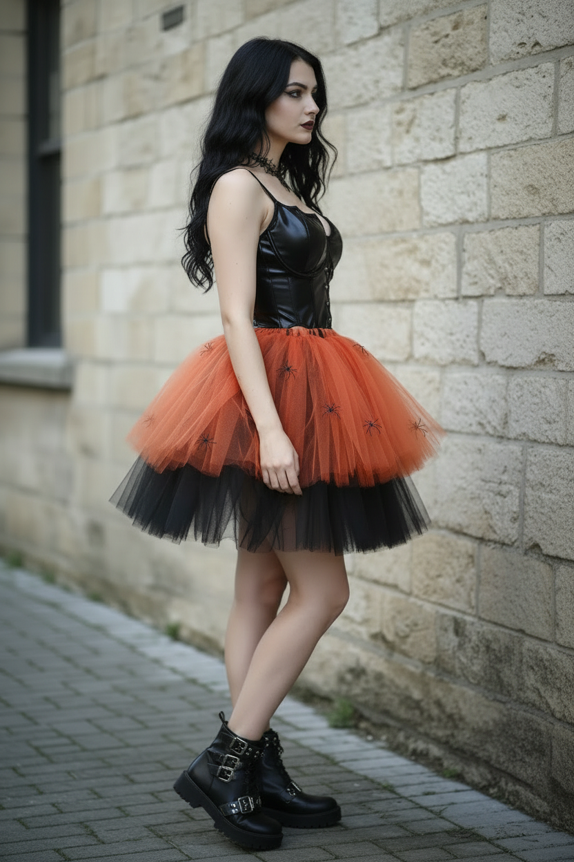 Gothic Halloween tulle skirt in orange and black with spider decorations, side view, worn with black corset top, gothic fashion editorial, Victorian Velvet