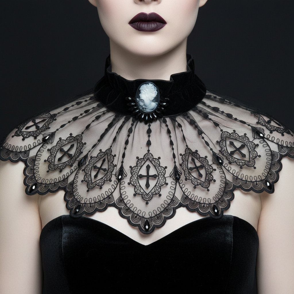 Close-up of black velvet cameo collar with embroidered gothic lace and crystal details