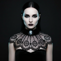 Model wearing a handmade black Victorian lace collar with cameo by Victorian Velvet