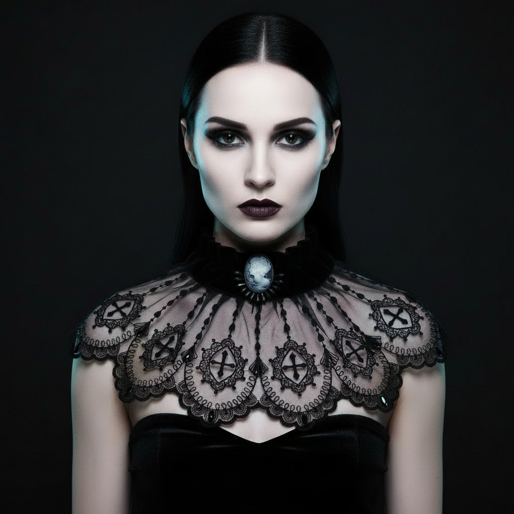 Model wearing a handmade black Victorian lace collar with cameo by Victorian Velvet