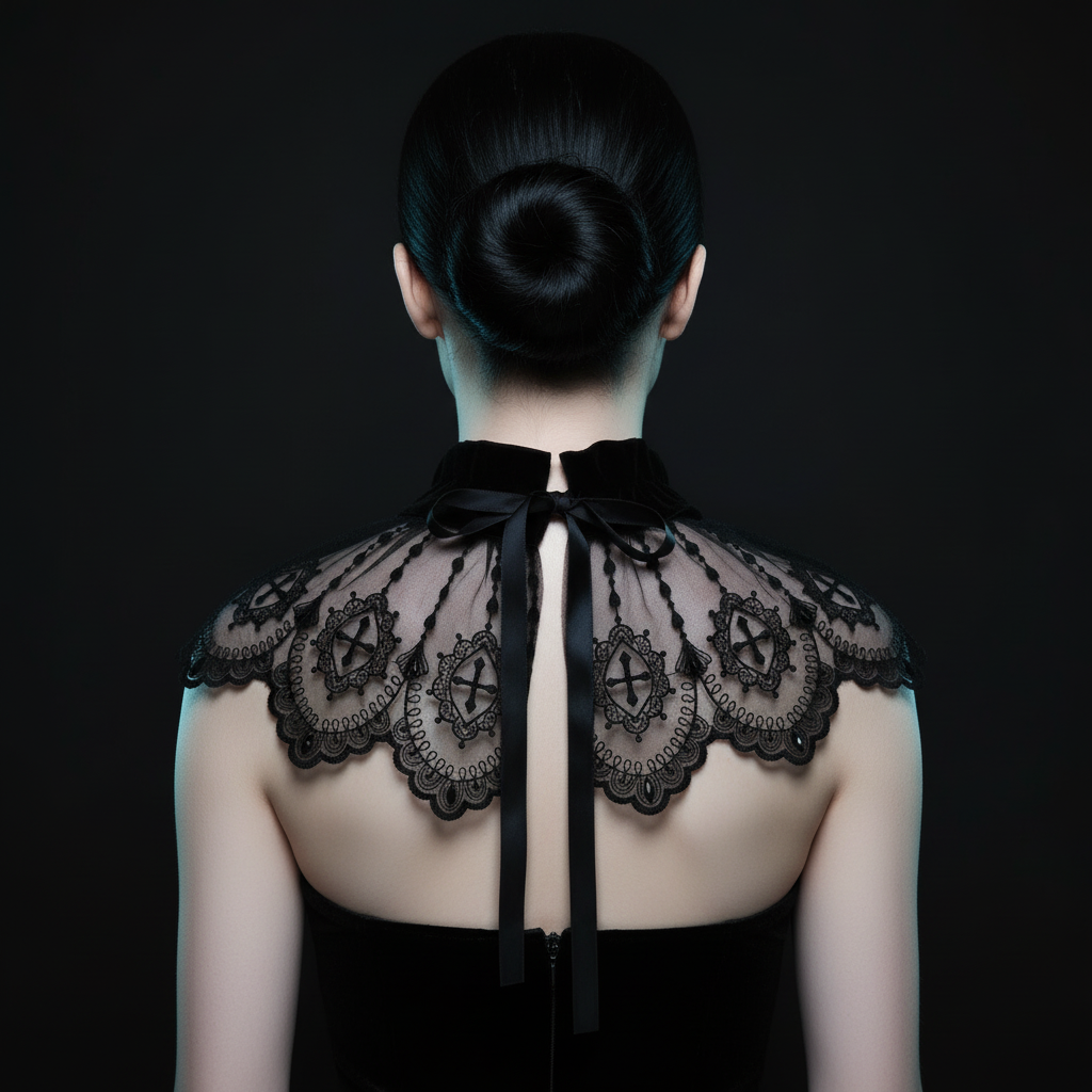 Back view of Victorian Velvet gothic collar with satin bow and long ribbon ties