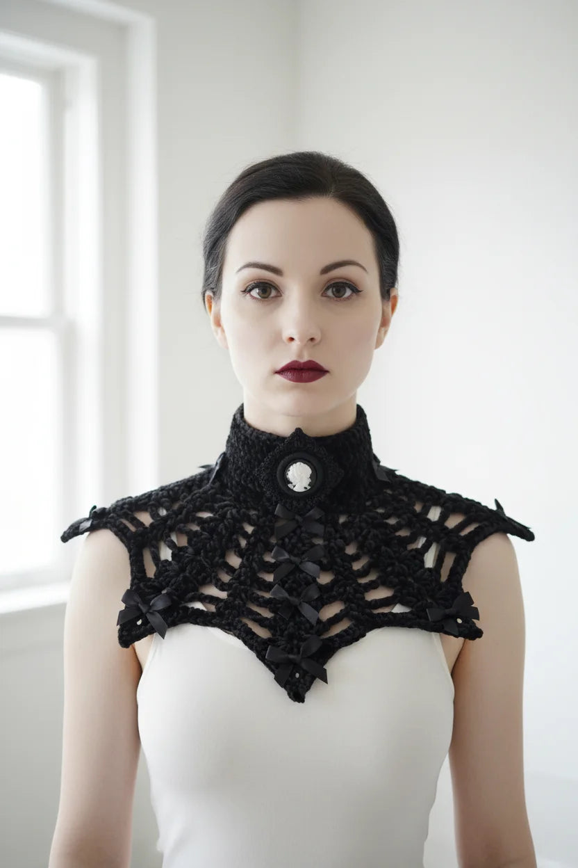 Gothic Collar — Portrait of a Lady, model in bright white room, front view showing full collar shape - Victorian Velvet