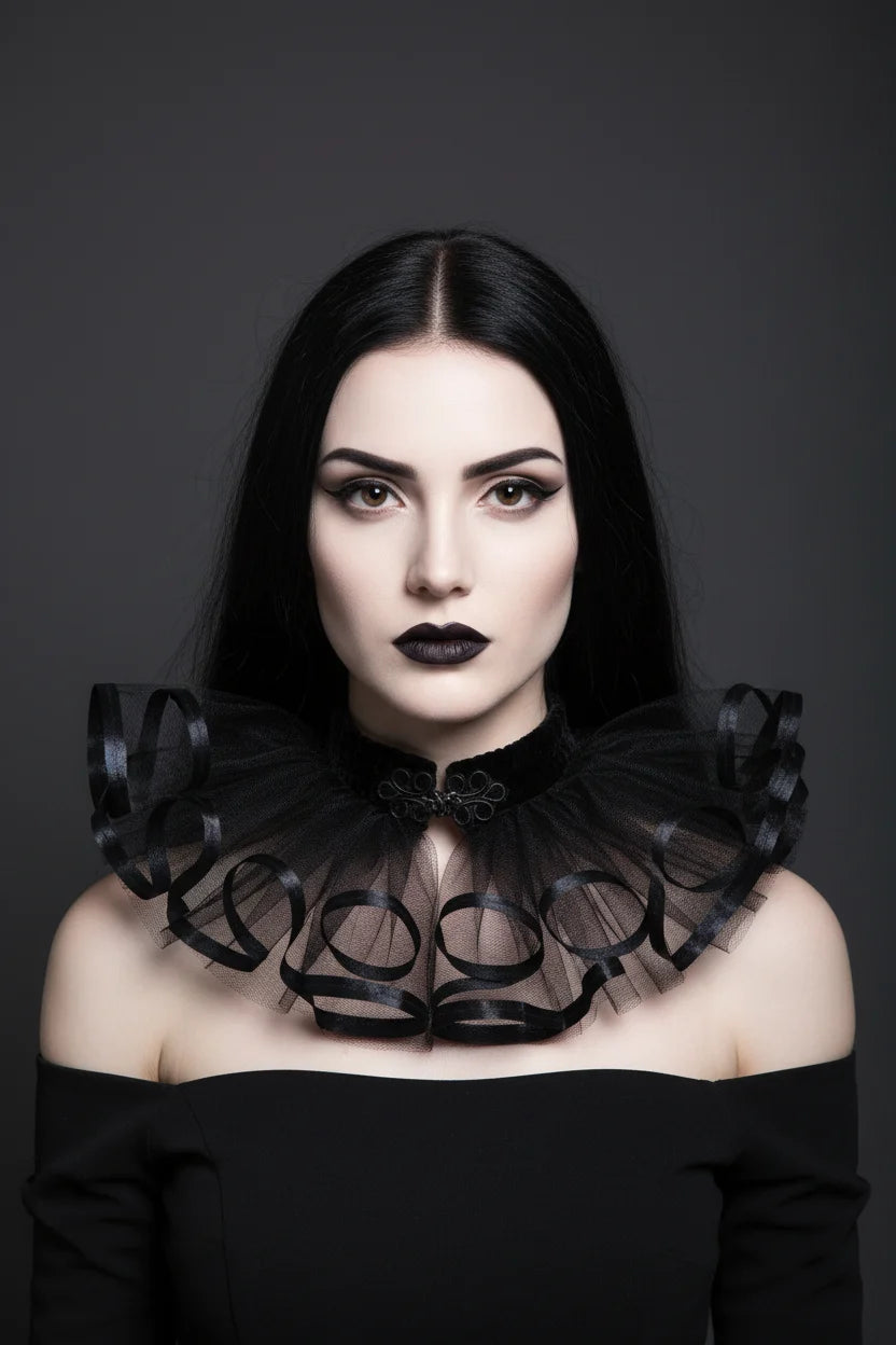 The Shadow Bloom Gothic Vampire Collar worn by a pale woman with dark hair and red lips, front view, dark background - Victorian Velvet