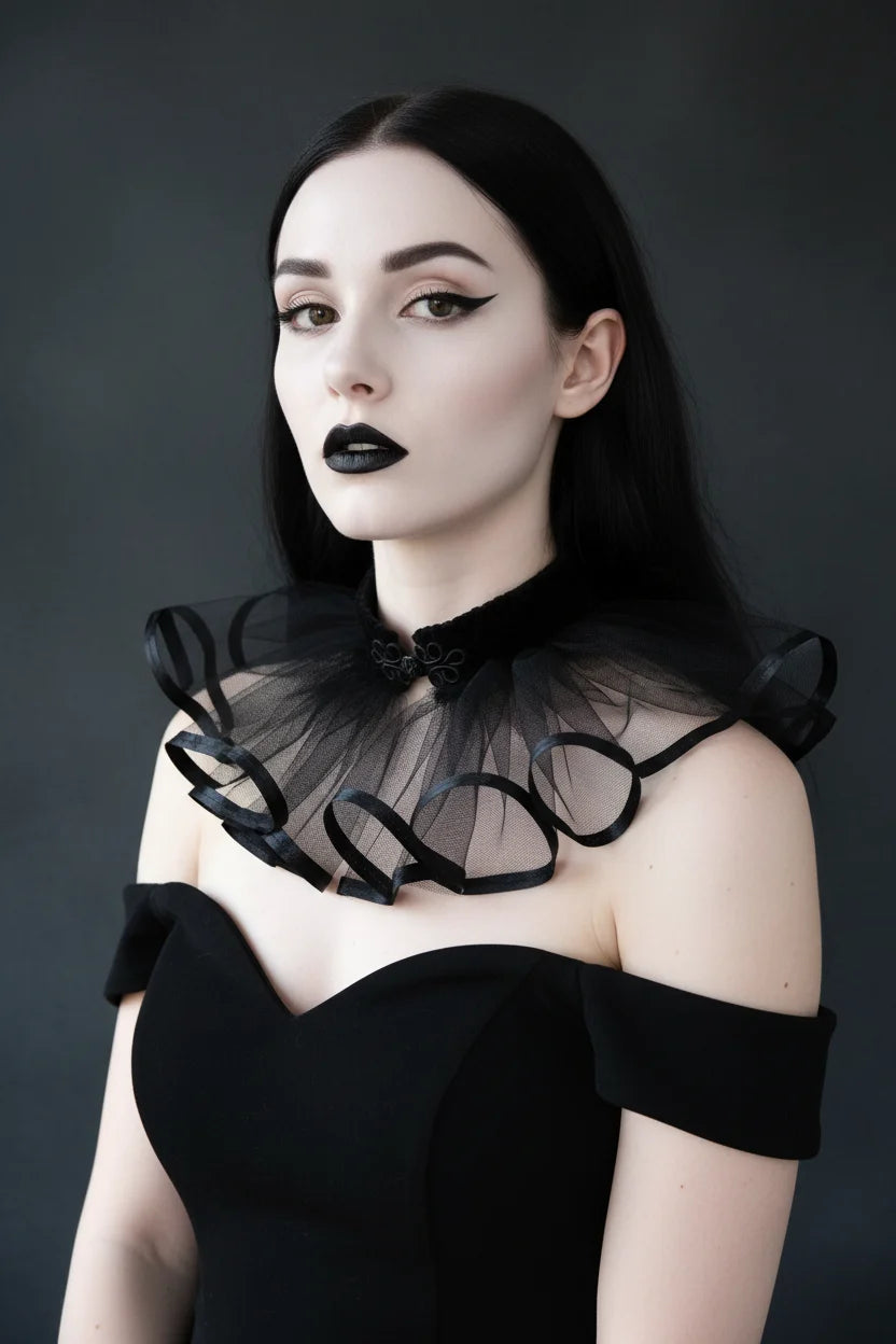 The Shadow Bloom Gothic Vampire Collar close-up on model, black tulle ruffle on bare shoulders, dark background - Victorian Velvet