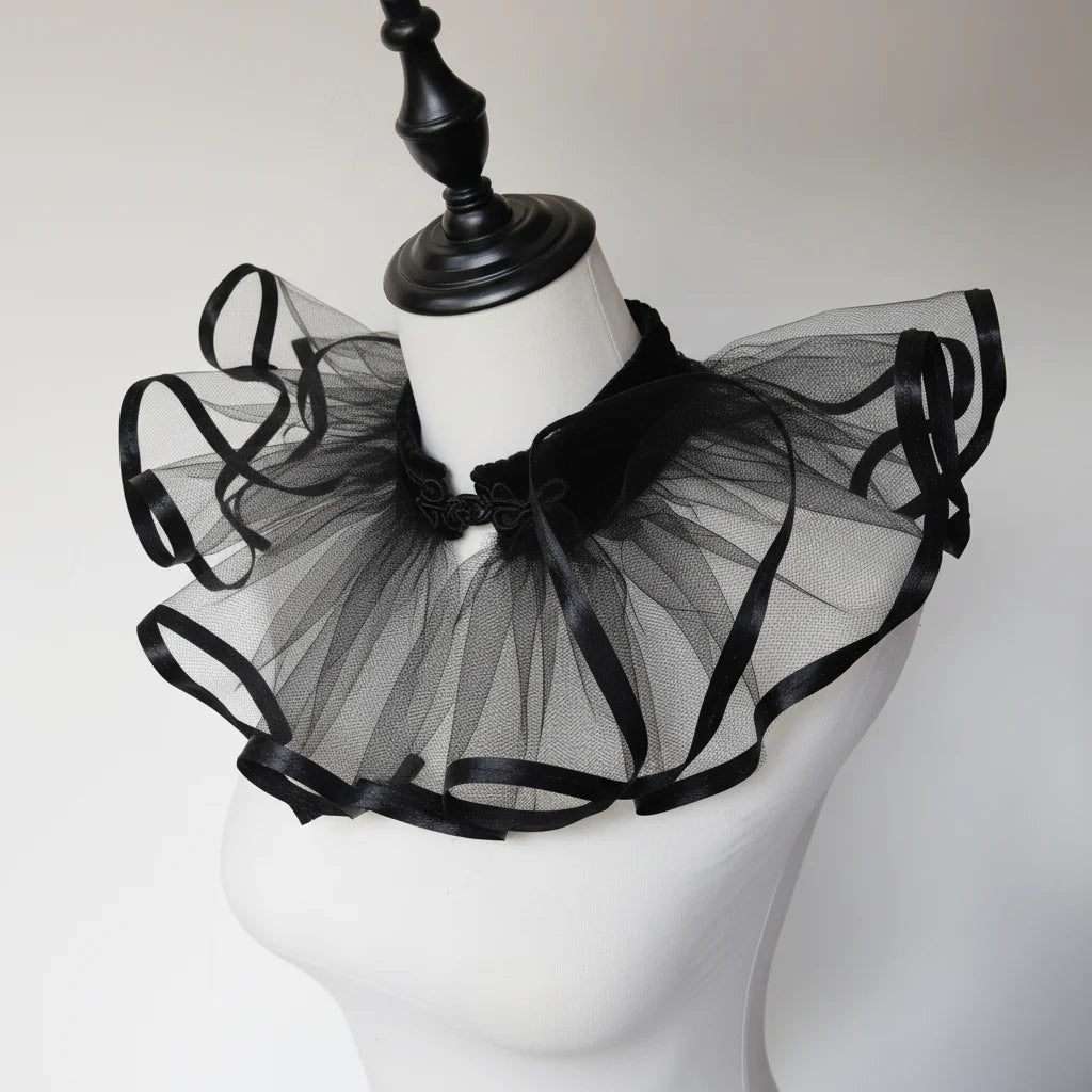 The Shadow Bloom Gothic Vampire Collar on white dress mannequin, 3/4 angle, white background - Victorian Velvet
