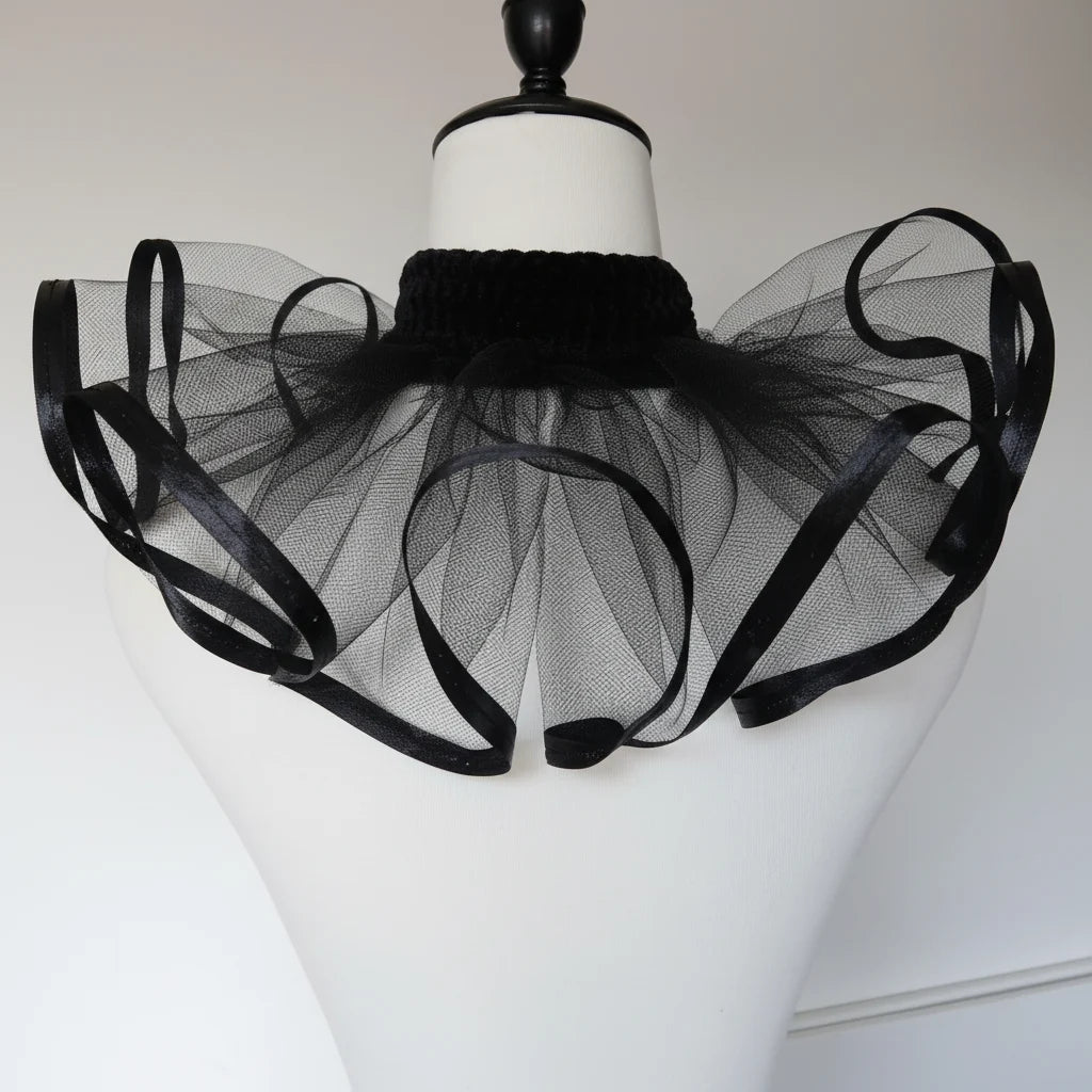 The Shadow Bloom Gothic Vampire Collar detail shot showing black tulle, satin ribbon curls and velvet neckband - Victorian Velvet