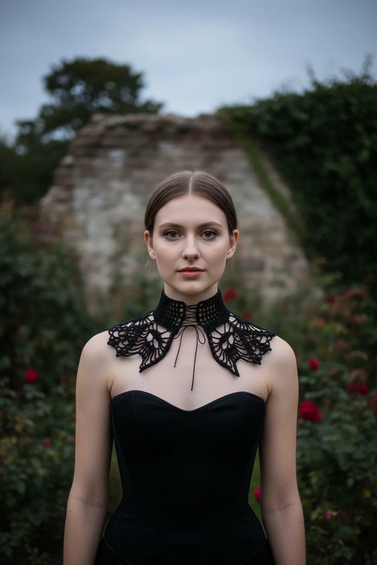 Gothic Collar with Skulls - Black Lace