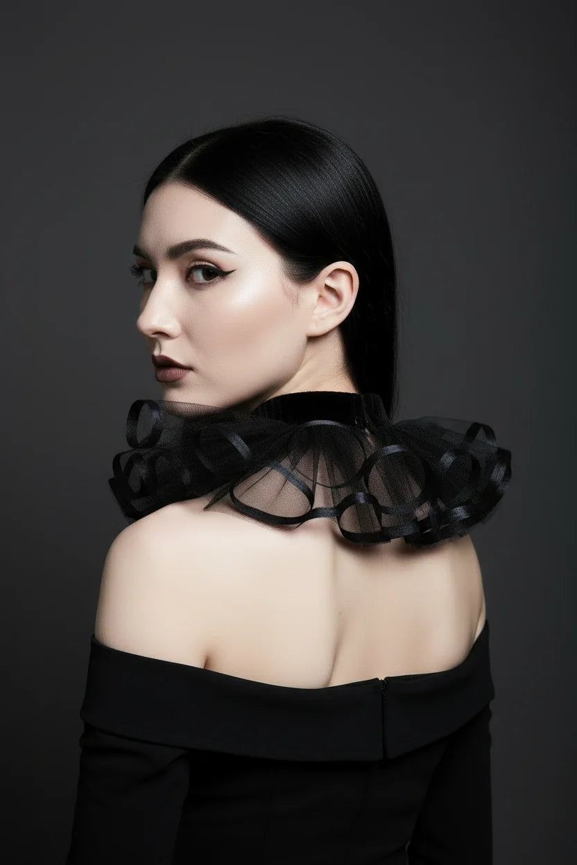 The Shadow Bloom Gothic Vampire Collar side view on model wearing black off-shoulder dress - Victorian Velvet