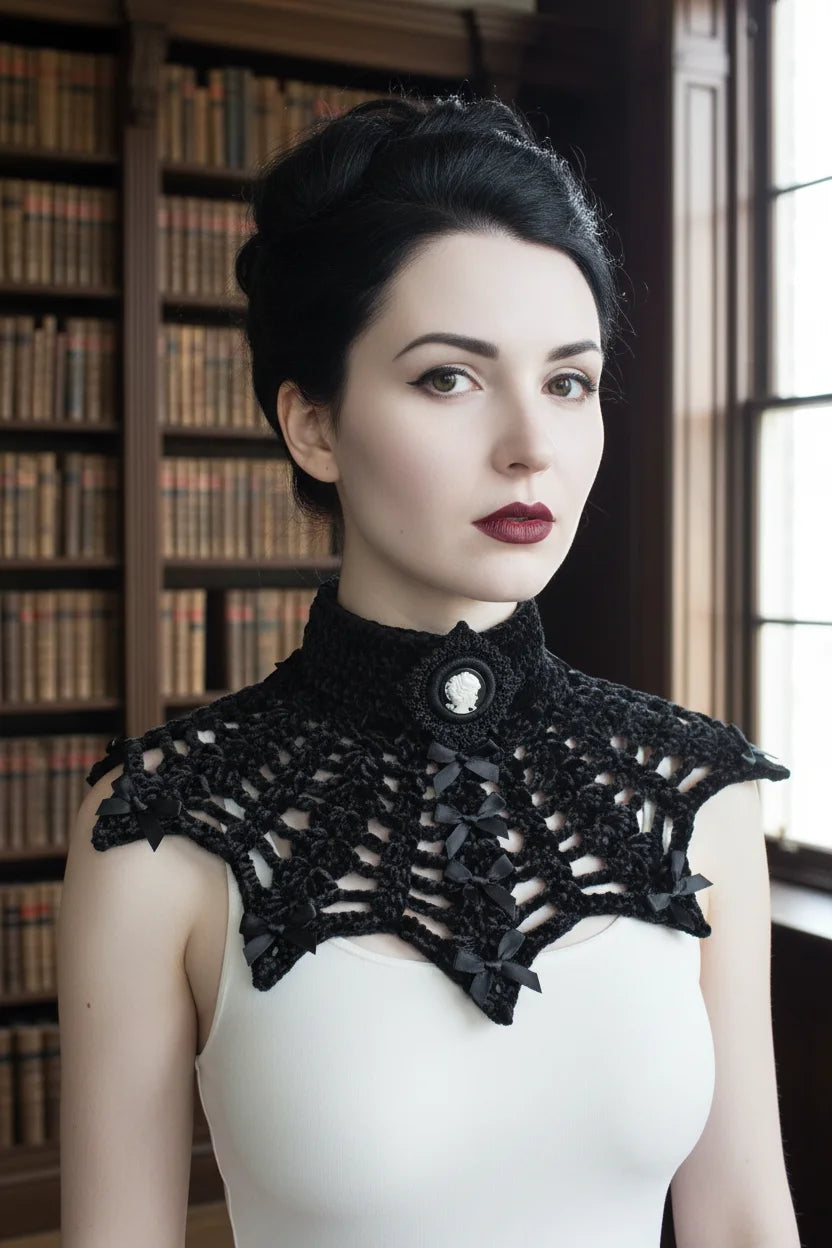Gothic Collar — Portrait of a Lady, model in Victorian library, front view with natural window light - Victorian Velvet