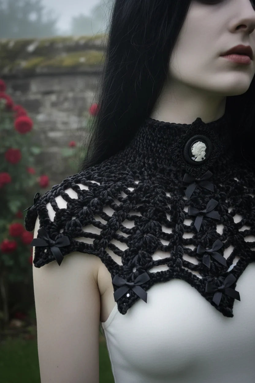 Gothic Collar — Portrait of a Lady, model in misty garden with red roses, close-up showing cameo brooch and crochet detail - Victorian Velvet