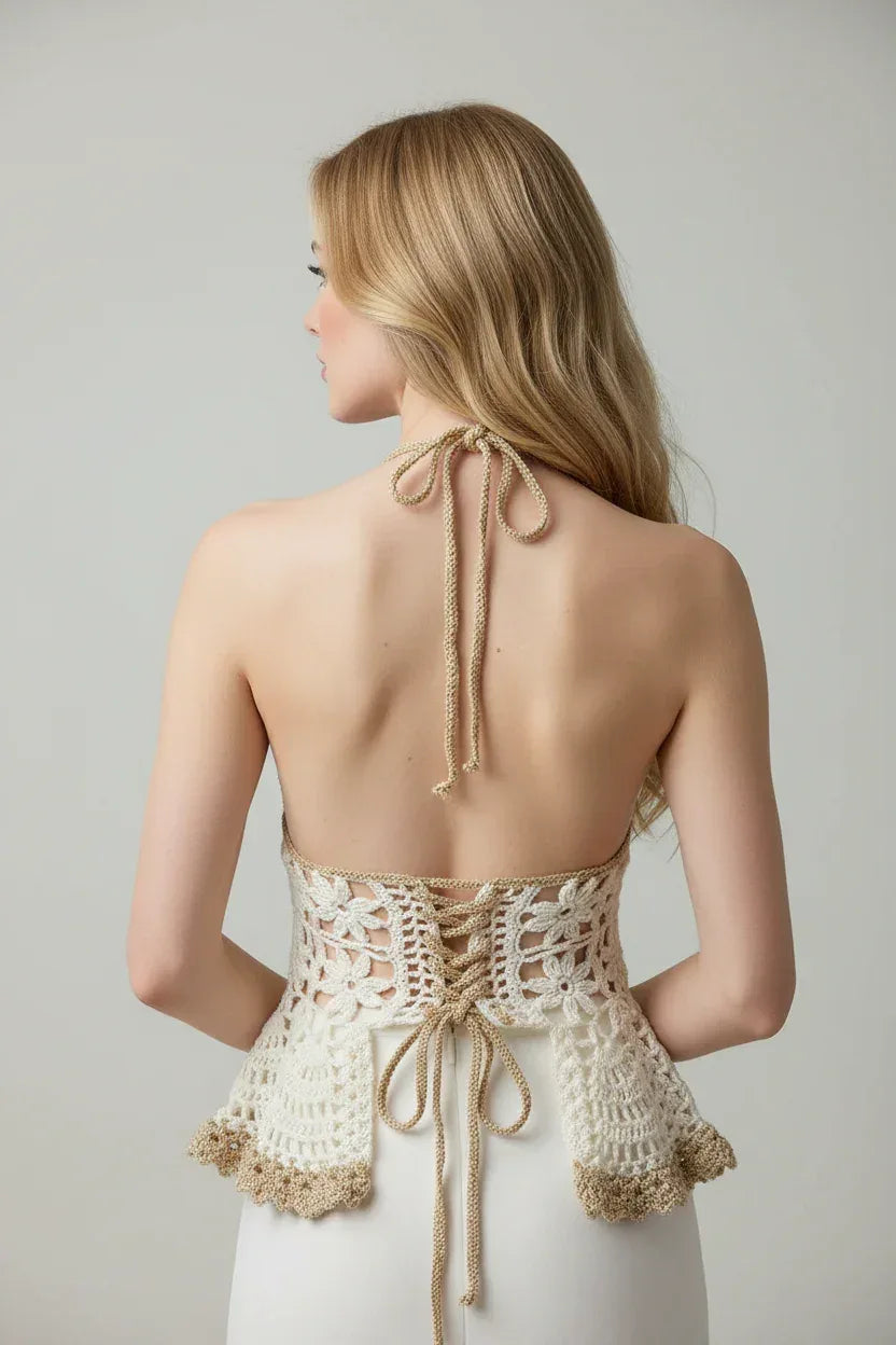 Victorian Lace Halter Top - Cream & Gold - Victorian Velvet