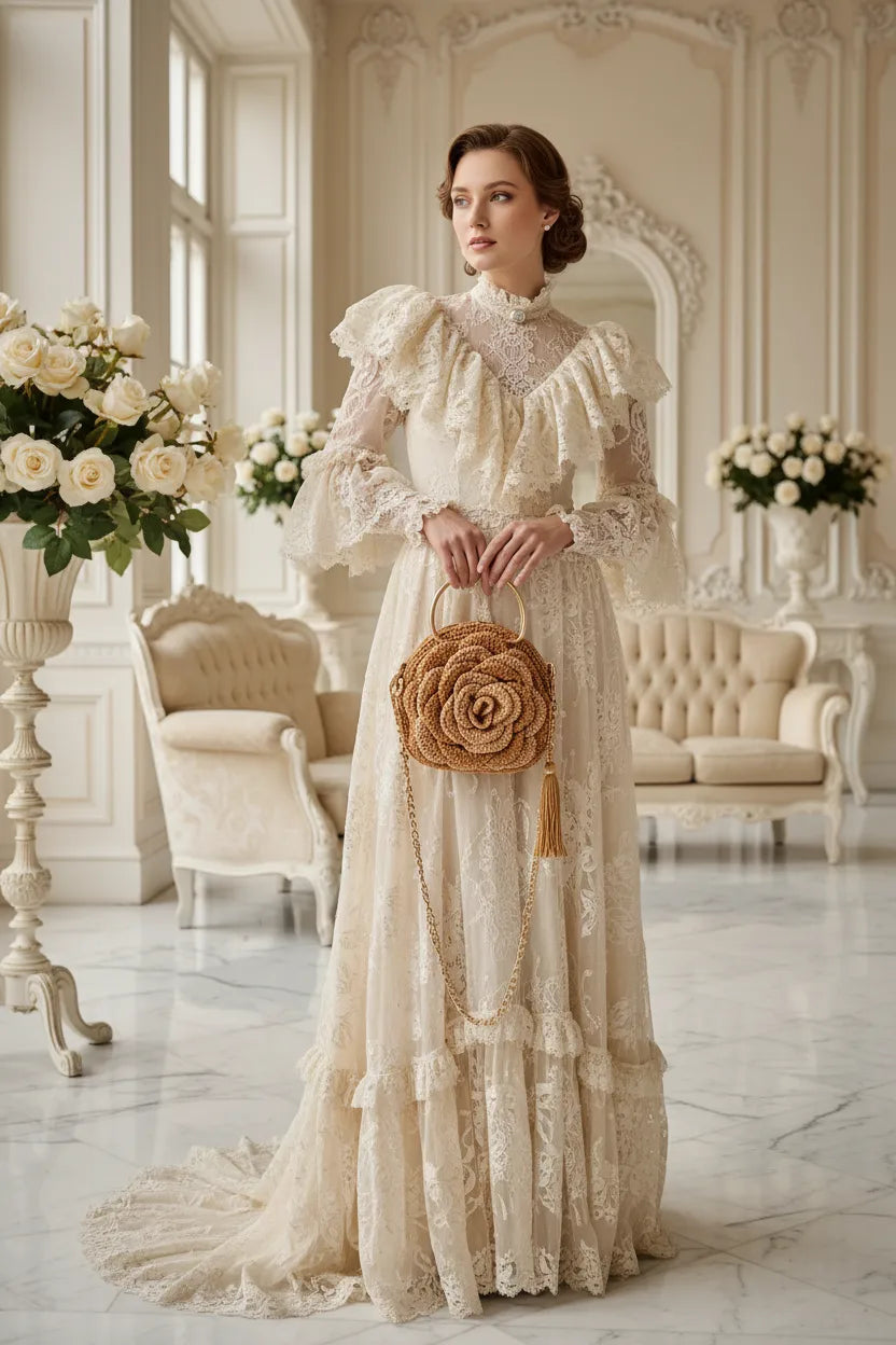 Elegant woman in cream Victorian lace gown with ruffled collar standing in a luxurious white Parisian salon, holding a handmade golden crochet rose handbag with gold ring handle, gold chain strap and golden tassel by Victorian Velvet