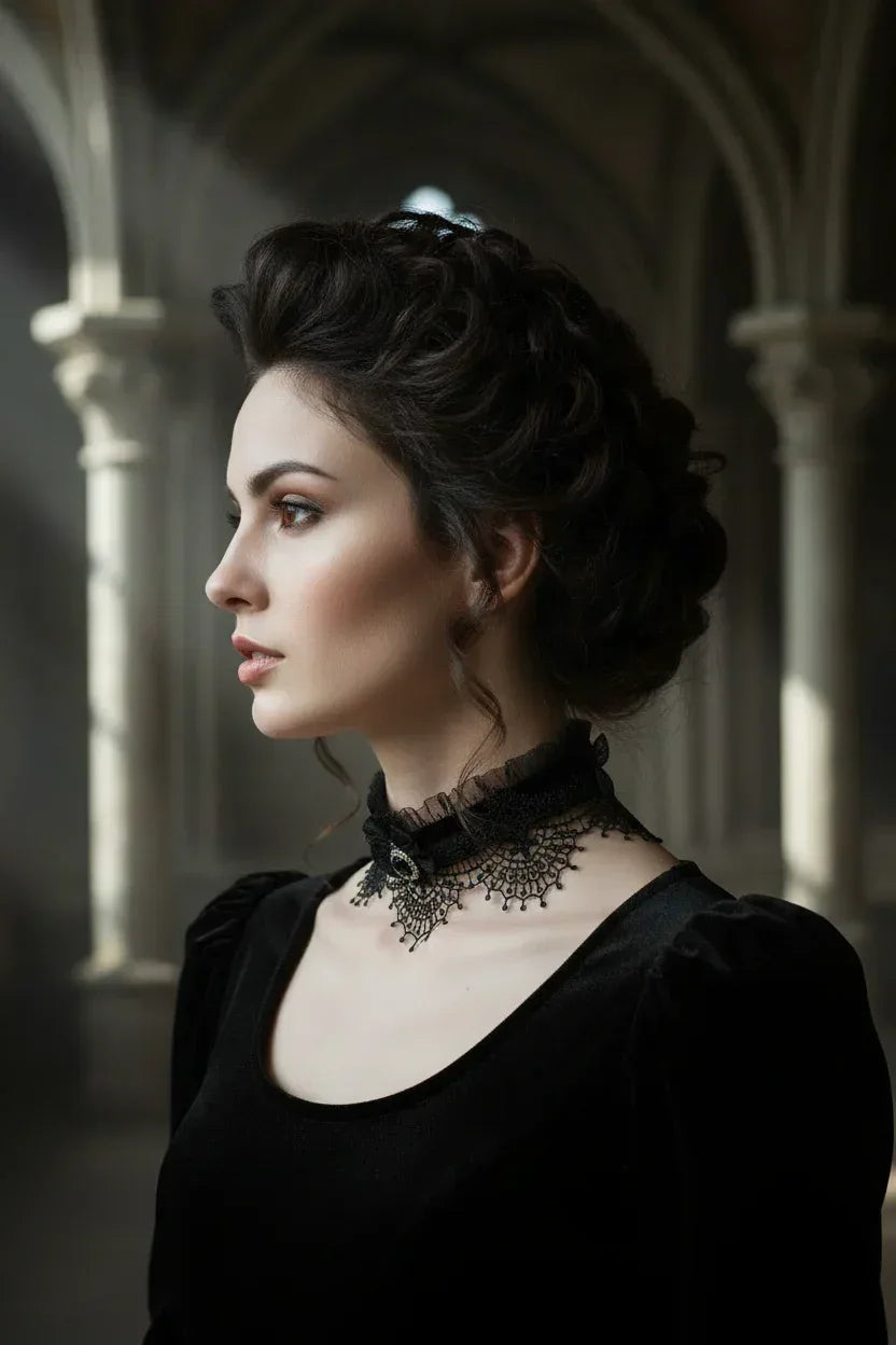 Victorian Choker with Openwork Lace - Black Lace - Victorian Velvet