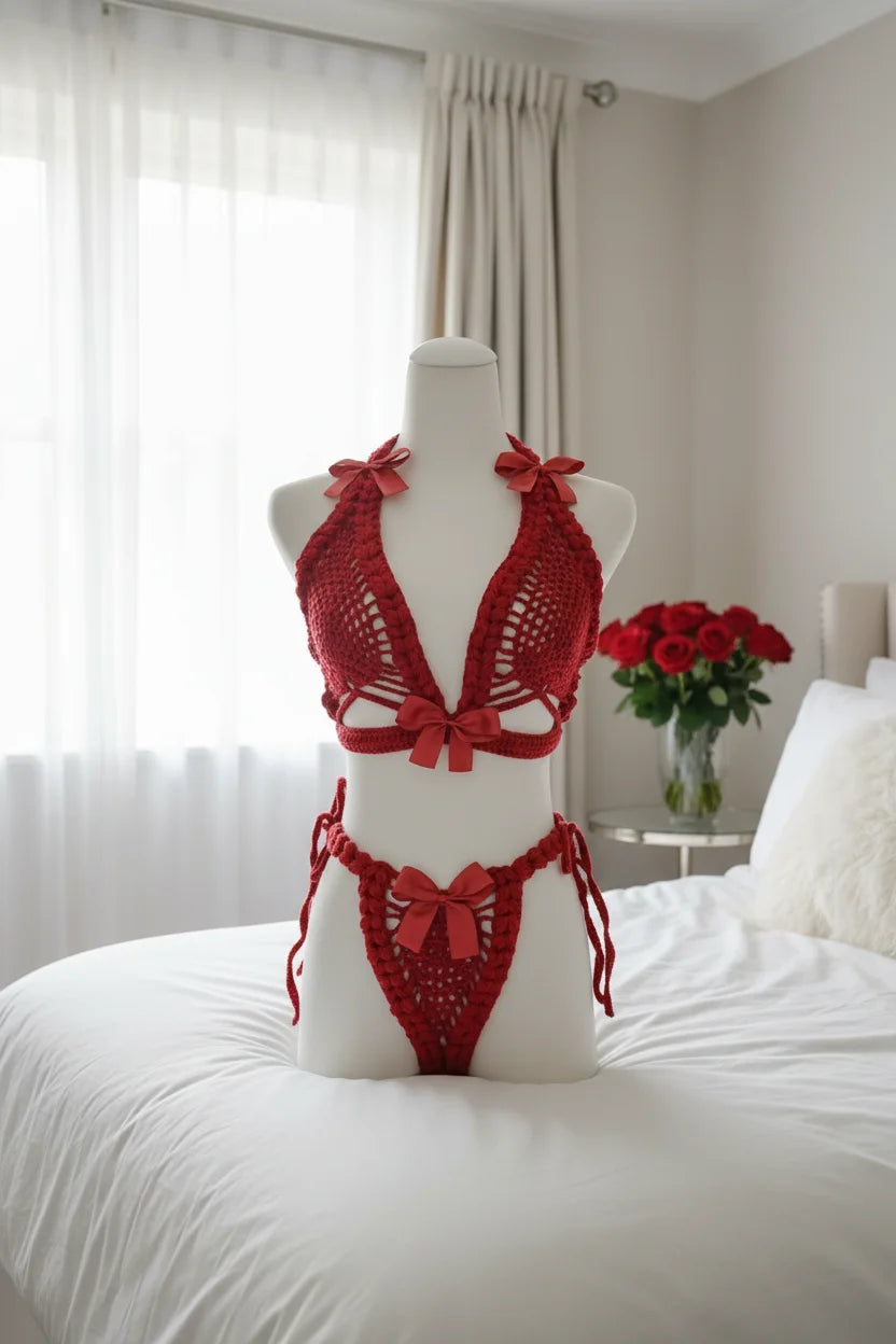 Handmade crimson red crochet lingerie set with red satin bows, front view on mannequin, bright bedroom with white linen and red roses - Victorian Velvet