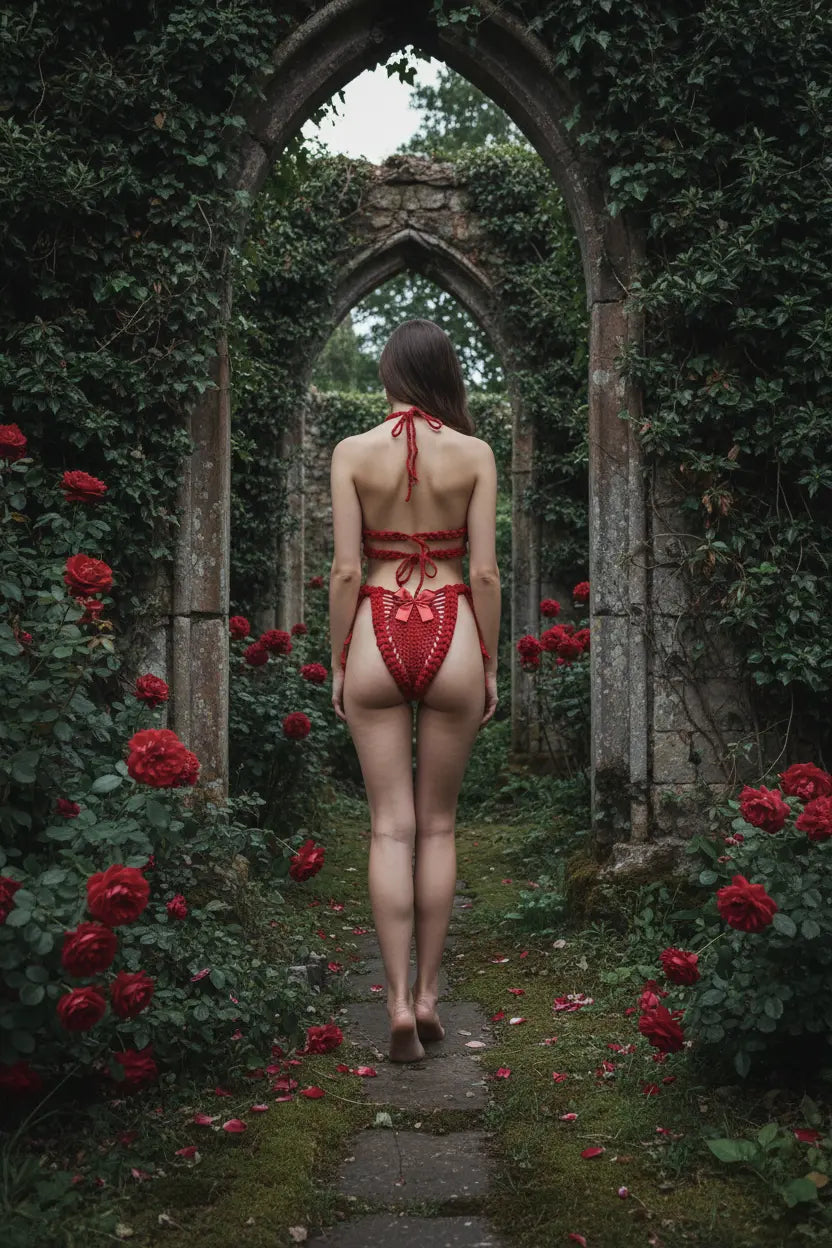 Handmade crimson red crochet lingerie set with single red satin bow, back view, gothic garden ruins with red roses, romantic dark atmosphere - Victorian Velvet