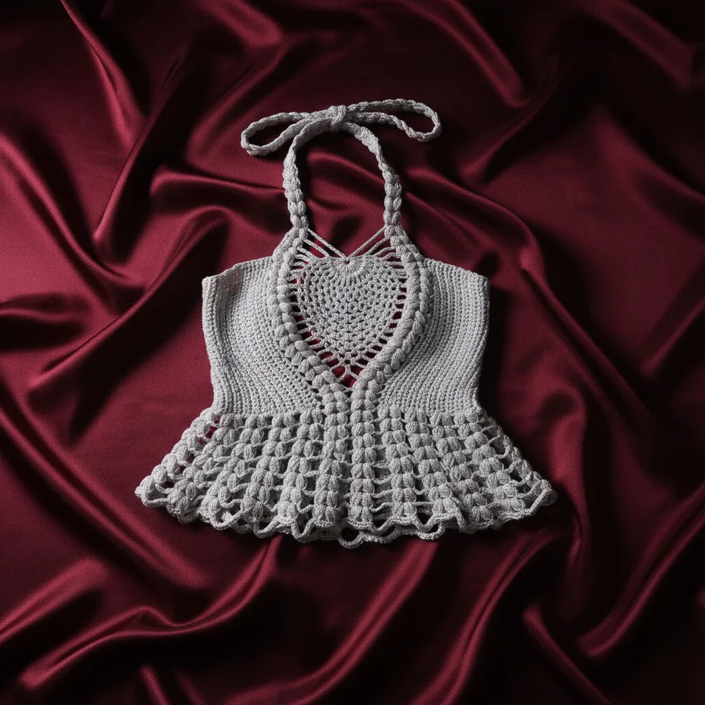 Moonlight Peplum Top Silver — handmade silver crochet peplum halter top laid flat on deep burgundy satin fabric - Victorian Velvet